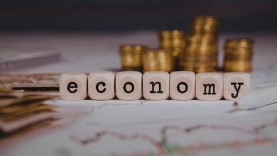 Image shows Wooden letter blocks spelling "economy" with stacked gold coins and financial charts in the background.