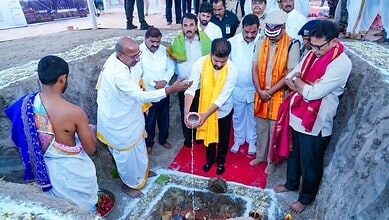 CM Revanth and officials at the foundation stone laying for the new police commissionerate.