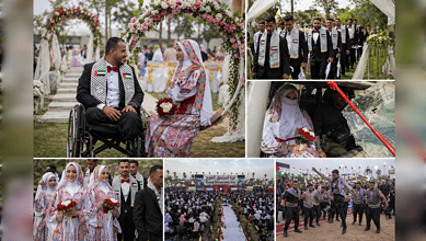 Palestinian couples marry in Gaza mass wedding, celebrating unity and tradition.