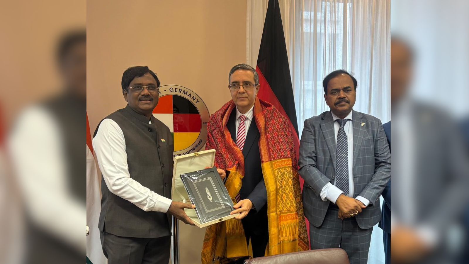 Telangana Labour Employment and Mines Minister Dr G Vivek Venkataswamy meets Indian Ambassador to Germany Ajit Gupte in Berlin