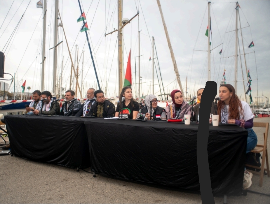 Global Sumud Flotilla organisers and activists speak at a press conference in Barcelona ahead of departure.
