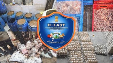 A collage of H-FAST raid showing seized adulterated food items including barrels of liquid, raw meat, spoiled offal, and eggs, with the Hyderabad City Police badge at the center.