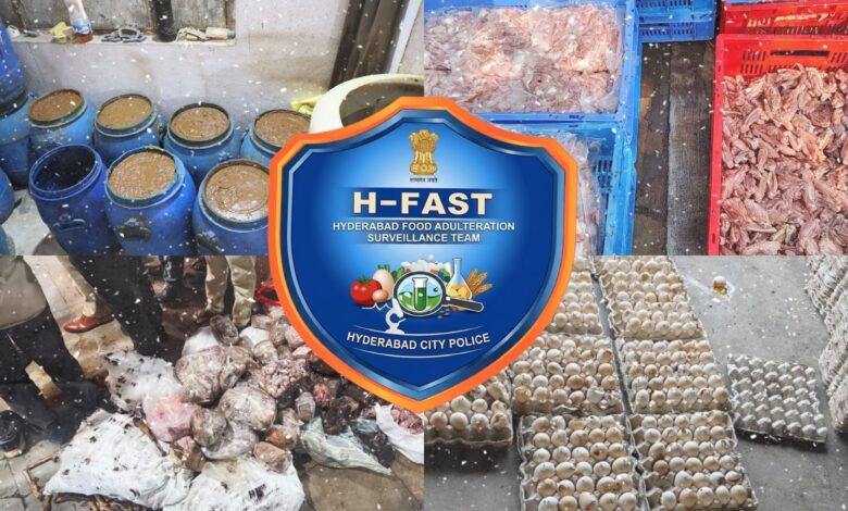 A collage of H-FAST raid showing seized adulterated food items including barrels of liquid, raw meat, spoiled offal, and eggs, with the Hyderabad City Police badge at the center.