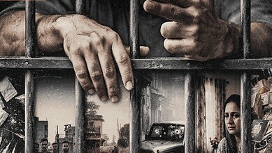 Hands gripping prison bars with a woman in the background.