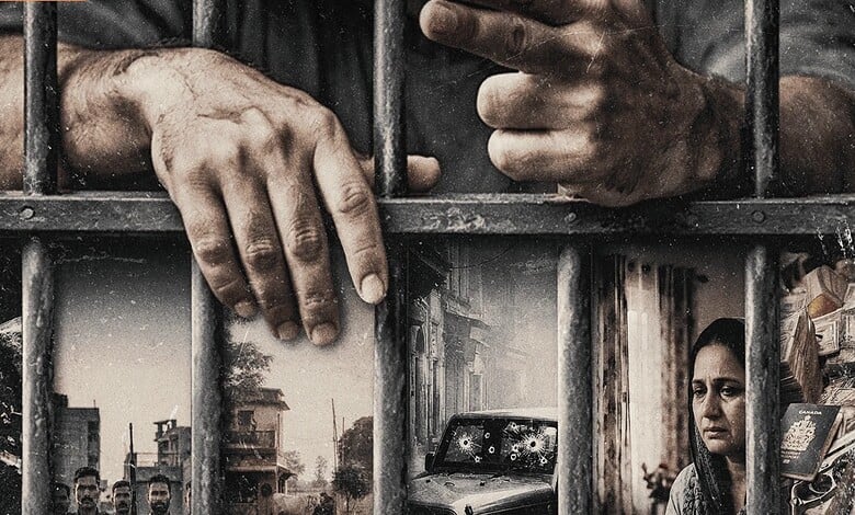 Hands gripping prison bars with a woman in the background.