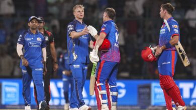 New Delhi: Delhi Capitals' Tristan Stubbs, right, and David Miller, front centre, being congratulated by Mumbai Indians' Corbin Bosch, front left, after winning the Indian Premier League (IPL) 2026 T20 cricket match between Delhi Capitals and Mumbai Indians, in New Delhi, Saturday, April 4, 2026. (PTI Photo/Ravi Choudhary)