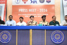 Image shows Officials from the Hyderabad Cricket Association and Telangana Police address a Tata IPL 2026 press meet at Rajiv Gandhi International Cricket Stadium, Uppal, Hyderabad.