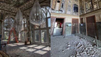 Interior of Golestan Palace in Tehran showing shattered glass, debris and damaged mirror work following US-Israeli airstrikes.