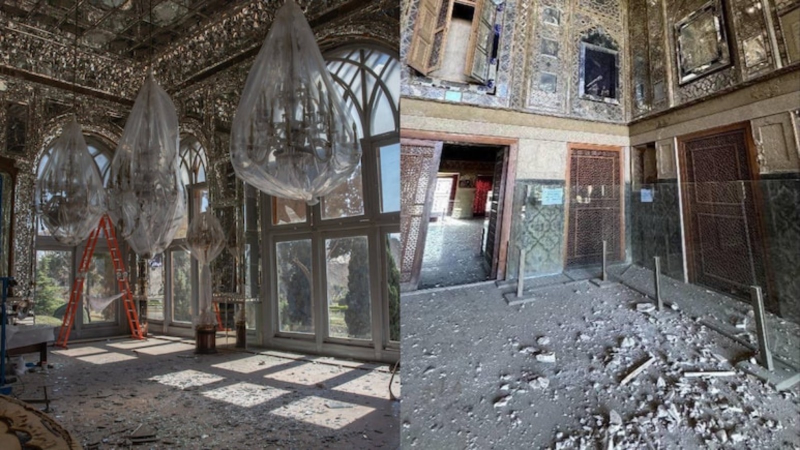 Interior of Golestan Palace in Tehran showing shattered glass, debris and damaged mirror work following US-Israeli airstrikes.