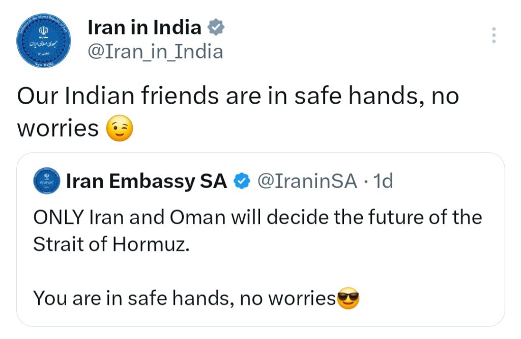 Iran in India post assures safety of Indian nationals.