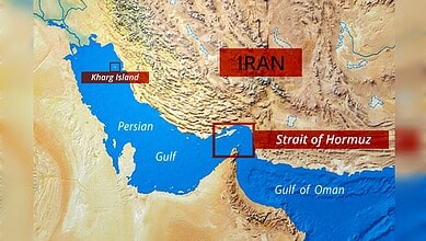 Map showing Iran and the Strait of Hormuz connecting the Persian Gulf and Gulf of Oman.