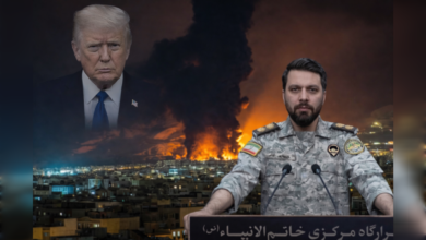 Ebrahim Zolfaghari addresses media as fires rage in background, with Donald Trump inset amid Iran–US tensions