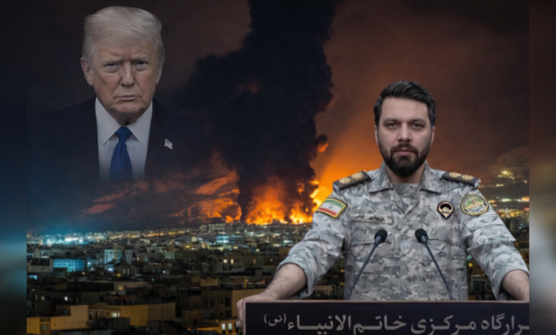 Ebrahim Zolfaghari addresses media as fires rage in background, with Donald Trump inset amid Iran–US tensions