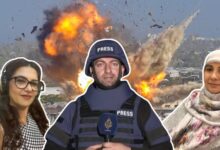 Composite image of three journalists killed in Israeli strikes, with explosion in background, April 8.