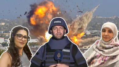 Composite image of three journalists killed in Israeli strikes, with explosion in background, April 8.