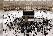 Crowds of pilgrims gather around the Kaaba at Masjid al-Haram in Mecca during Hajj.