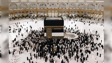 Crowds of pilgrims gather around the Kaaba at Masjid al-Haram in Mecca during Hajj.