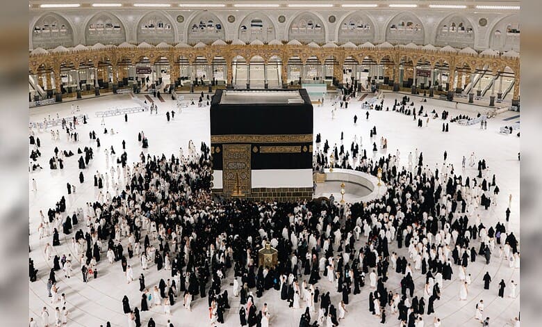 Crowds of pilgrims gather around the Kaaba at Masjid al-Haram in Mecca during Hajj.