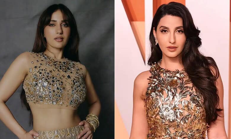 Kusha Kapila in a glamorous outfit with intricate gold and silver embellishments, resembling Nora Fatehi’.