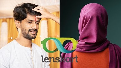 Image shows Two people representing diverse backgrounds pose alongside the Lenskart logo.