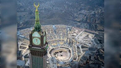 Aerial view of Makkah with the Grand Mosque and Abraj Al Bait Clock Tower surrounded by pilgrims.