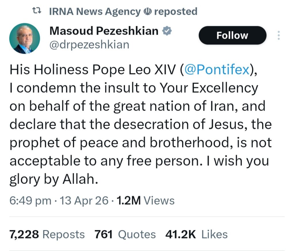 Screenshot of Masoud Pezeshkian’s post condemning insult to Pope Leo XIV and desecration of Jesus.