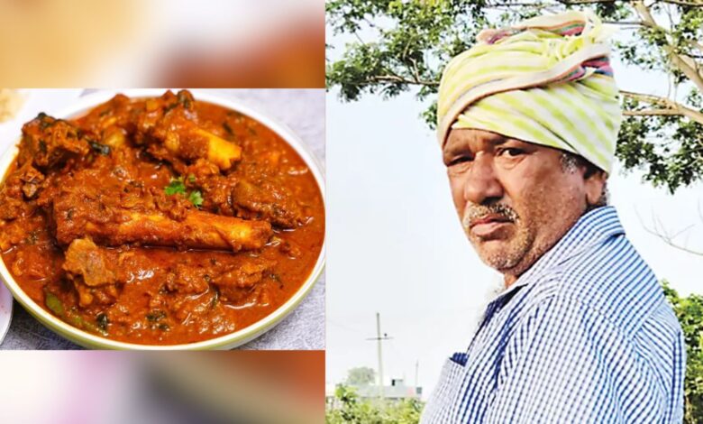 image shows A bowl of rich, spiced meat curry with bone-in pieces beside an elderly man wearing a colorful turban.