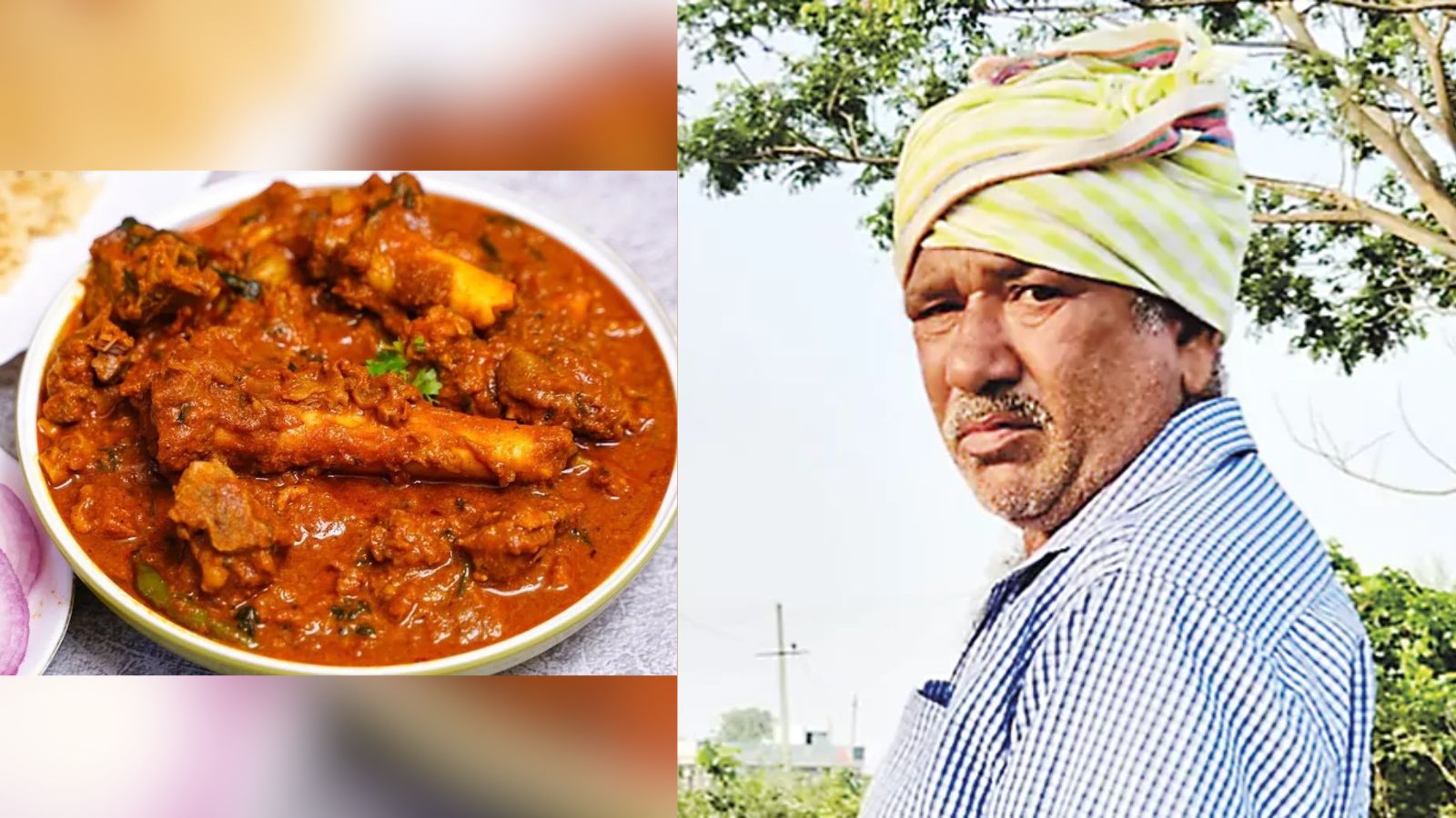 image shows A bowl of rich, spiced meat curry with bone-in pieces beside an elderly man wearing a colorful turban.
