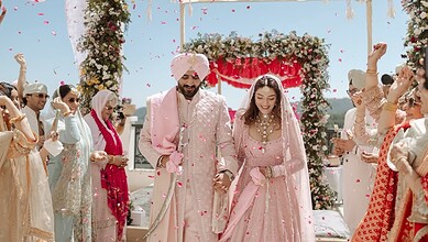 Actress Mehreen Pirzadaa in traditional Sikh wedding attire during her wedding celebration.