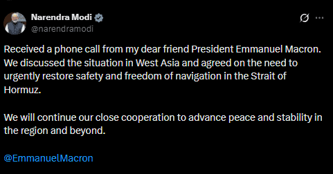 Screenshot of Narendra Modi post about phone call with Emmanuel Macron on West Asia and Strait of Hormuz security.