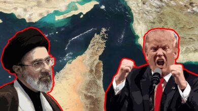 Mojtaba Khamenei and Donald Trump against Strait of Hormuz backdrop.
