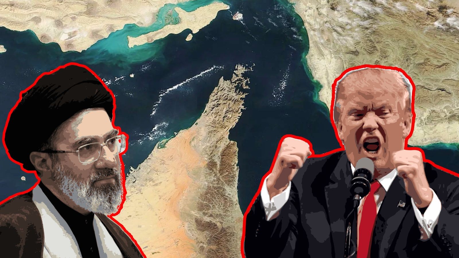 Mojtaba Khamenei and Donald Trump against Strait of Hormuz backdrop.
