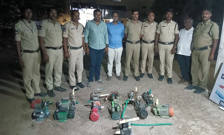HMWSSB officials display 22 seized illegal motors involved in water theft.