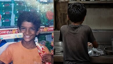 Child washing utensils in a kitchen, representing a journey from washing dishes to becoming a comedy star.