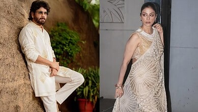 Man and woman dressed in elegant traditional Indian clothing, posing outdoors and indoors.