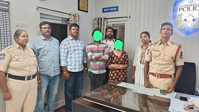 The image shows a woman and a man detained for gold theft, with police officers and family members in a Hyderabad police station setting.