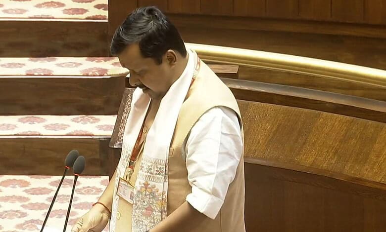 Nitin Nabin and Abhishek Manu Singhvi taking oath during Rajya Sabha session, highlighting political lead.