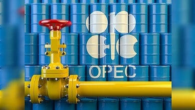 Oil barrels and valve with OPEC logo, symbolising UAE's departure from OPEC after nearly 59 years.