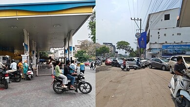 Fuel station in Hyderabad with long queues and out-of-stock signs, reflecting panic buying at petrol bunk.