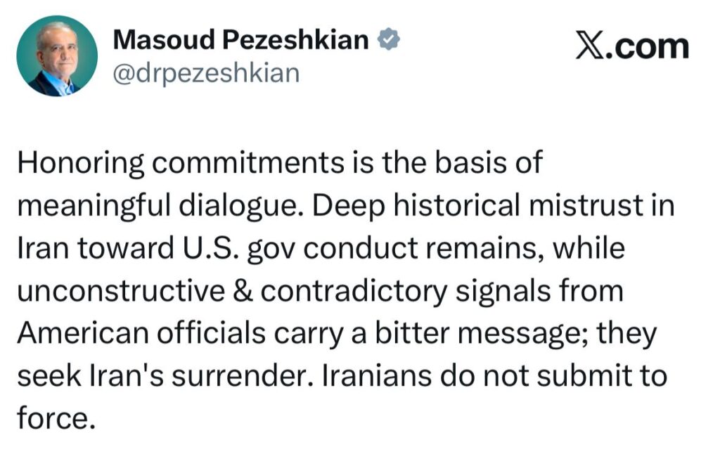 Screenshot of Masoud Pezeshkian post stressing mistrust of US and resistance.