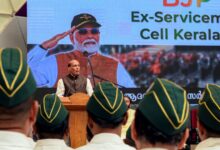 Defence Minister Rajnath Singh during the Sainik Samman Sammelan, in Thiruvananthapuram, Thursday, April 2, 2026. (PTI Photo)