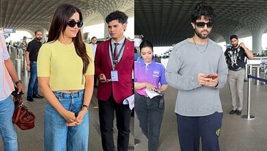 Vijay and Rashmika making separate appearances at the airport.