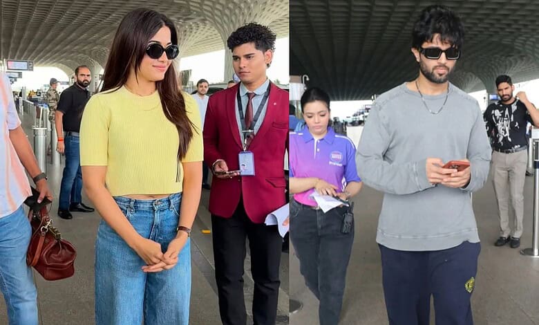 Vijay and Rashmika making separate appearances at the airport.