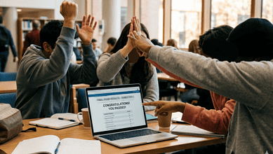 Students celebrating high school exam results in a classroom with a laptop displaying pass message.
