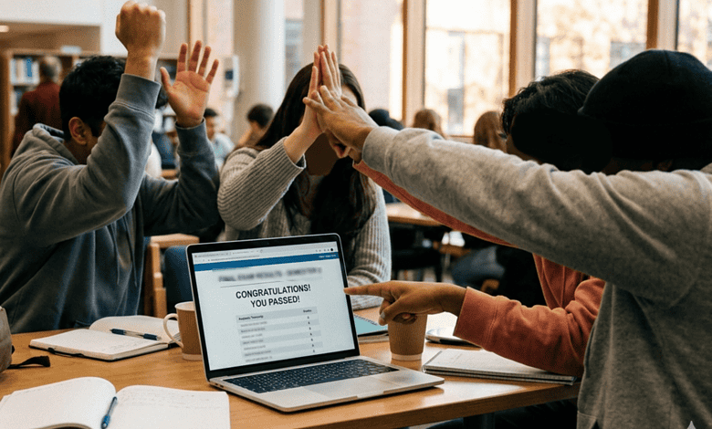 Students celebrating high school exam results in a classroom with a laptop displaying pass message.