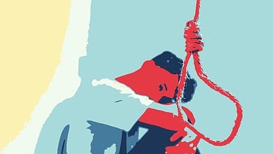 Illustration of a gun tied with a red rope forming a noose, symbolising danger or violence.