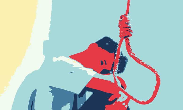 Illustration of a gun tied with a red rope forming a noose, symbolising danger or violence.