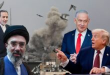 Leaders from US, Israel, and Iran amid rising tensions and smoke, indicating potential conflict escalatio.