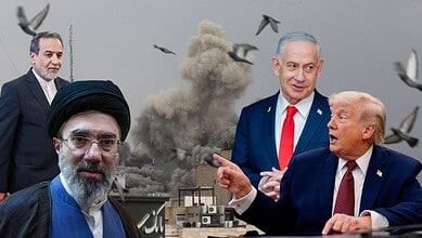 Leaders from US, Israel, and Iran amid rising tensions and smoke, indicating potential conflict escalatio.