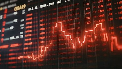 Stock market decline with red downward trend line and financial data display.